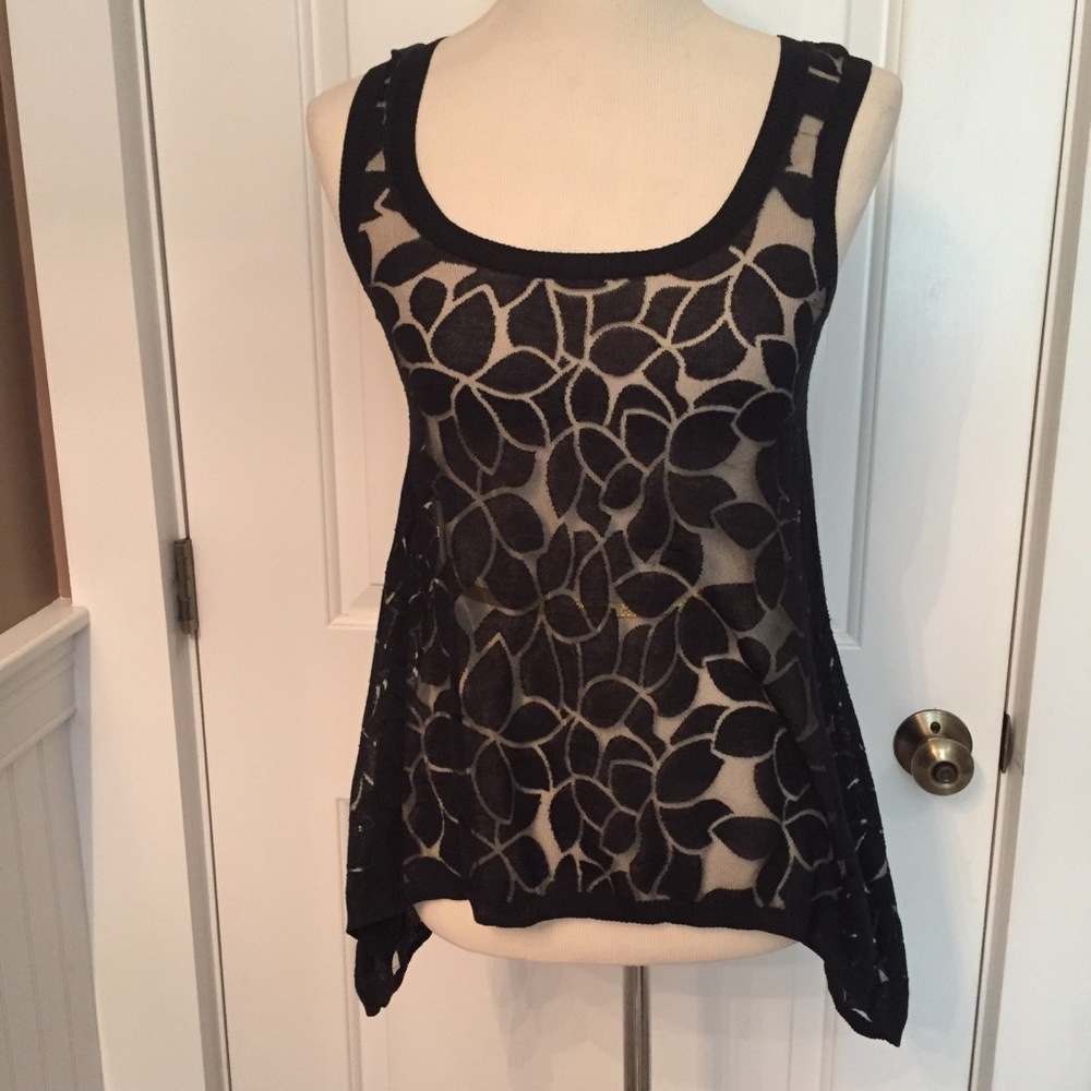 YOANA BARASCHI TOP SLEEVELESS TANK BLACK FLORAL SCOOP NECK SHEER BURNOUT Size XS